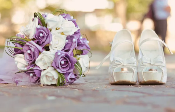 Bouquet, ring, shoes, white