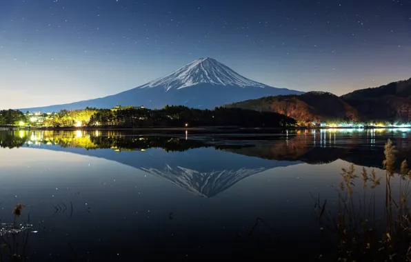 Winter, reflection, night, lake, river, mountain, Japan, Fuji