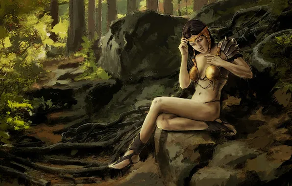Forest, girl, trees, roots, stones, art, Amazon, savage