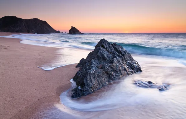Sand, sea, sunset, rock, shore, stone, twilight, Portugal