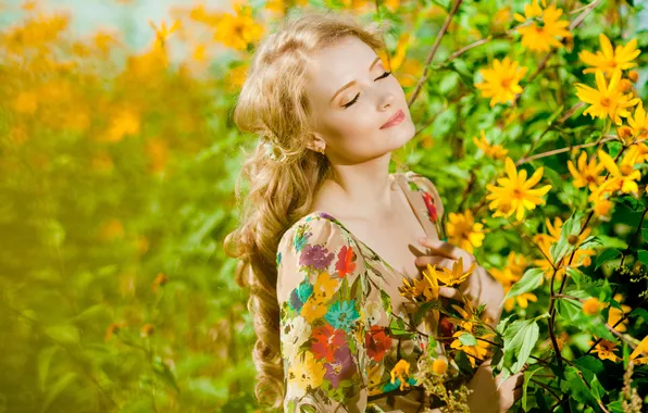 Picture greens, girl, flowers, branches, blonde, bokeh, long-haired