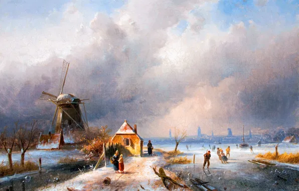 Home, Winter, Mill, People, Picture, Charles Leickert, Charles Henri Joseph Leikert, Charles Henri Joseph Leickert