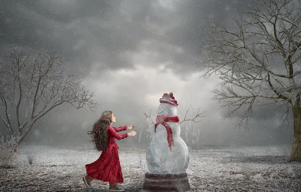 Picture winter, girl, snowman