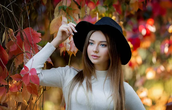 Autumn, leaves, girl, hat, Pauline Kostiuk, Anna Shuvalova