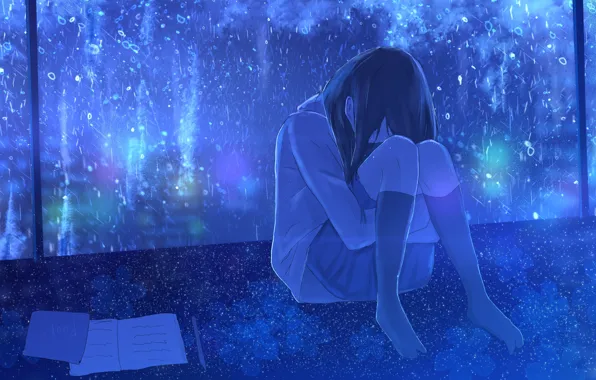 sad girl in rain anime