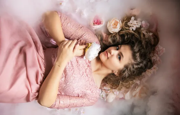Look, girl, flowers, fog, roses, dress, pink, couples