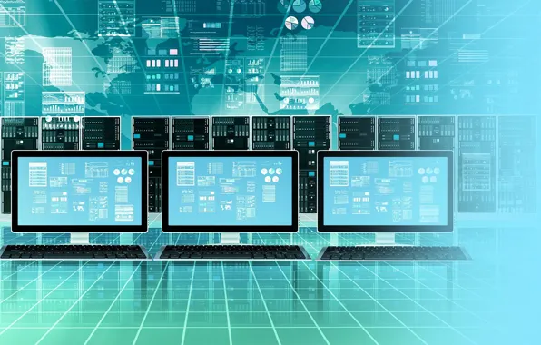 Computer, glass, reflection, the world, keyboard, monitor, server, graphics