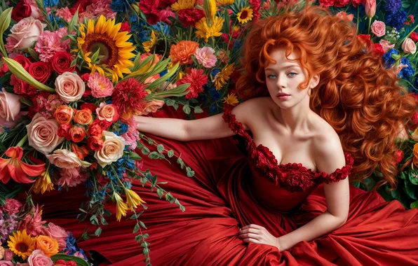 Look, girl, flowers, bouquet, red dress, shoulders, redhead, curls