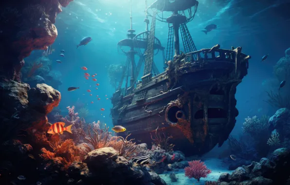 Sea, fish, the ocean, ship, corals, fantasy, old, underwater world