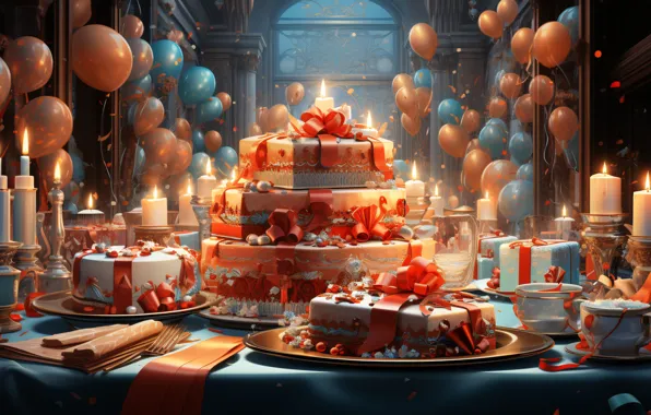 Balloons, table, holiday, candles, gifts, cake, feast, box