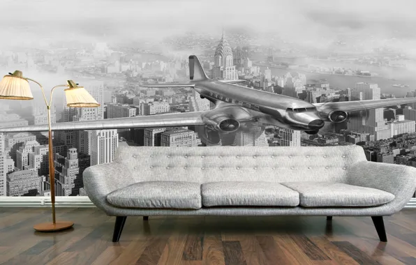 The city, the plane, sofa, interior, floor lamp, Wallpapers
