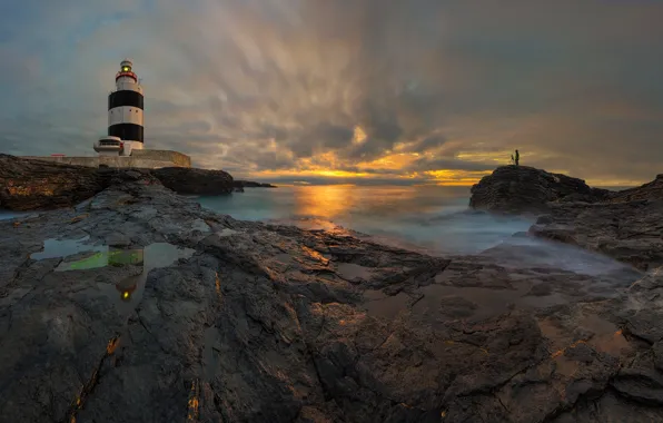 Sea, sunset, stones, lighthouse, Ireland