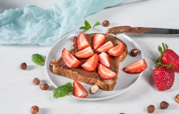 Berries, strawberry, bread, sandwich, chocolate paste