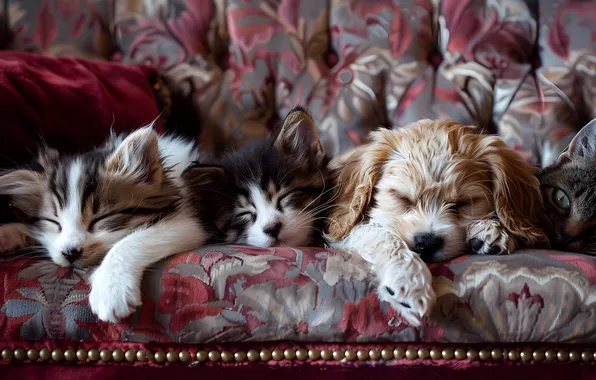 Cats, pose, dog, kittens, puppy, sleep, faces, AI art