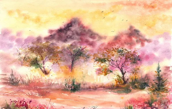 Grass, trees, birds, foliage, watercolor, painted landscape