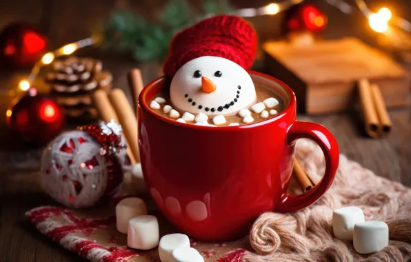 Lights, table, Board, Christmas, mug, Cup, New year, snowman