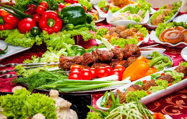 Photo, Vegetables, Pepper, Tomatoes, Food, Kebab, Meat products, Serving