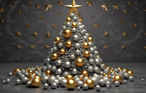 Balls, tree, New Year, Christmas, silver, golden, new year, happy