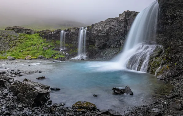 Picture rock, river, waterfalls, Iceland, Iceland, Skutafoss, Skutafoss Waterfall
