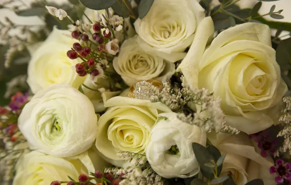 Leaves, flowers, berries, roses, bouquet, yellow, ring, fruit