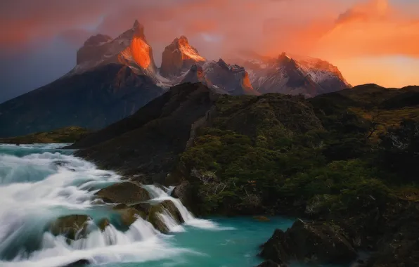 Picture the sky, clouds, river, rocks, threads, South America, Patagonia, the Andes mountains