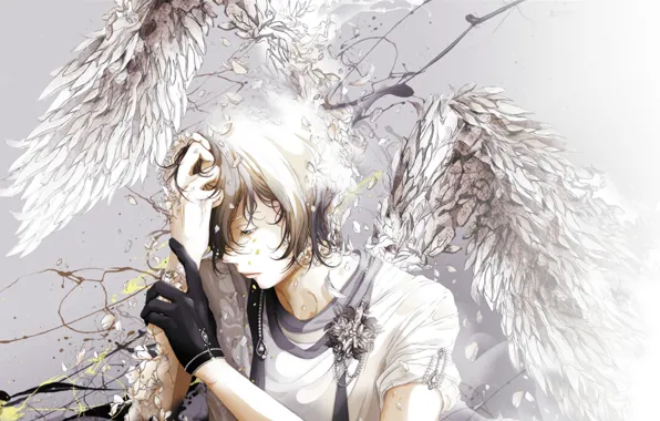 Sadness, figure, wings, profile, guy, glove, art, bouno satoshi