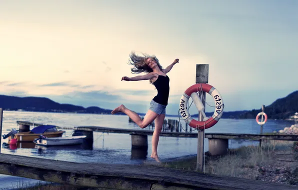 Girl, bridge, lake