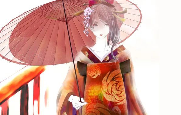 Picture girl, flowers, umbrella, kimono, Geisha