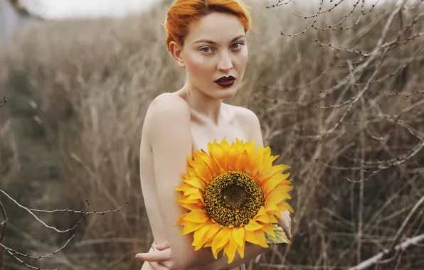 Girl, face, body, sunflower, lipstick