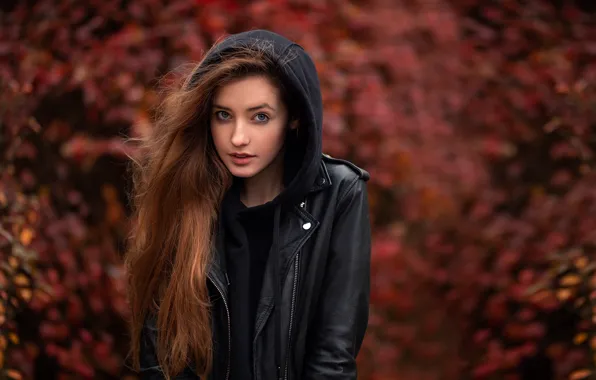 Autumn, look, girl, face, jacket, hood, long hair, Dmitry Shulgin