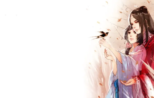 Picture tenderness, anime, art, pair, bird, two