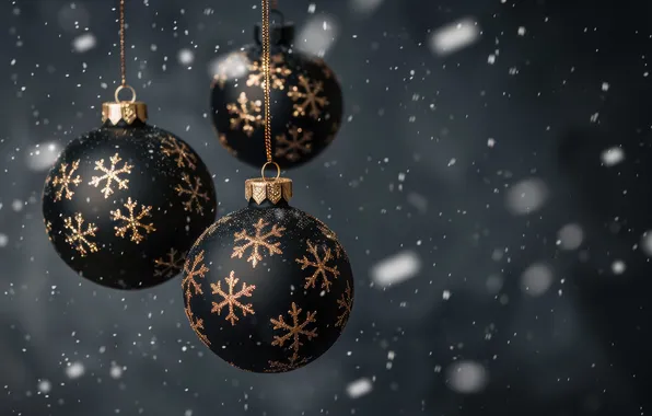 Balls, snowflakes, pattern, Christmas, New year, gold plated, grey background, snowfall