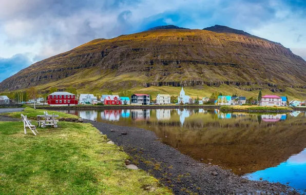 Picture the sky, grass, clouds, trees, mountains, lake, shore, home