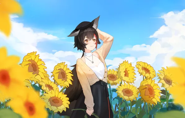 The sky, girl, sunflowers, ears, Hololive, virtual youtuber, Mio Ookami