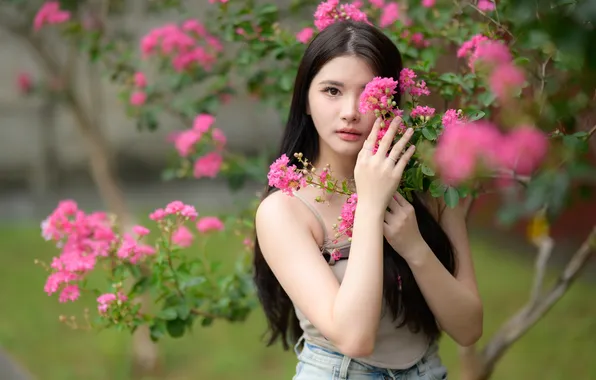 Look, flowers, branches, model, portrait, hands, makeup, Mike
