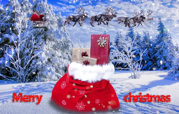 Winter, Snow, Christmas, New year, Santa Claus, Deer, Merry Christmas, Gifts