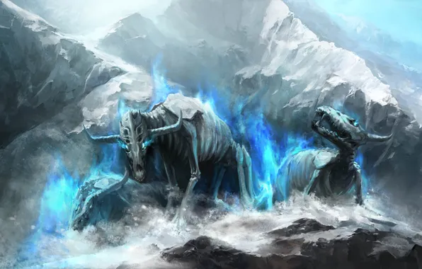 Ice, snow, rocks, magic, art, monsters, horns, skeletons