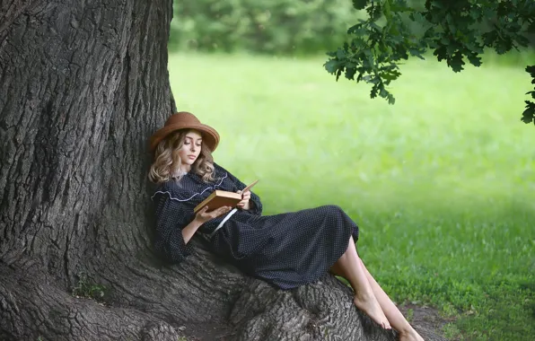 Picture summer, girl, nature, pose, tree, hat, barefoot, dress