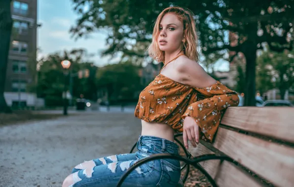 Picture girl, street, bench