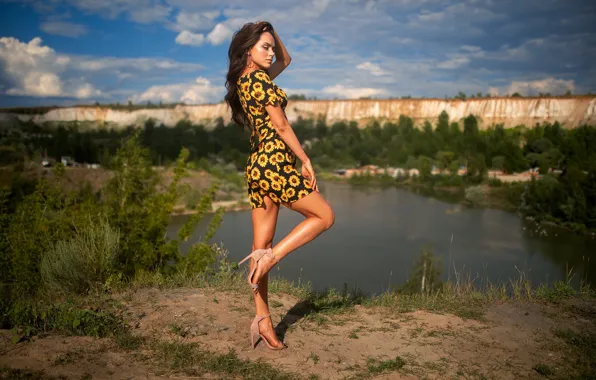 Girl, sunflowers, pose, dress, legs, closed eyes, quarry, Dmitry Shulgin