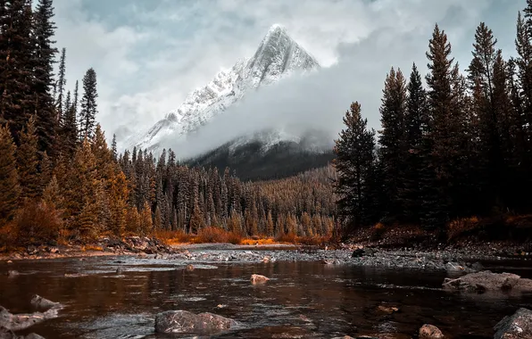 Autumn, snow, mountains, fog, stones, shore, tops, ate