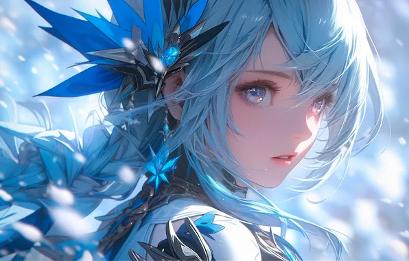 Winter, girl, snow, portrait, anime, blue hair, bangs, AI art