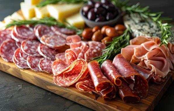 Table, cheese, fruit, bowl, a lot, sausage, cutting, rosemary
