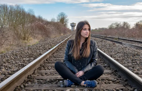 Picture girl, rails, sitting, cutie, Julie