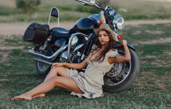 Girl, pose, hat, dress, motorcycle, bike, Leonid Mochulsky