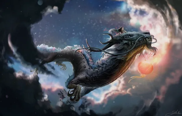 Flight, dragon, girl, claws, horns, flying, mustache beard, cloudy sky