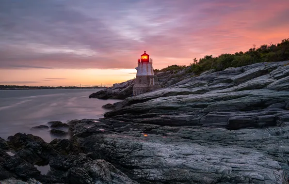 Sea, the sky, clouds, light, sunset, stones, rocks, shore