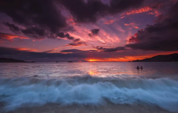 Sea, wave, beach, the sky, the sun, clouds, sunset, clouds