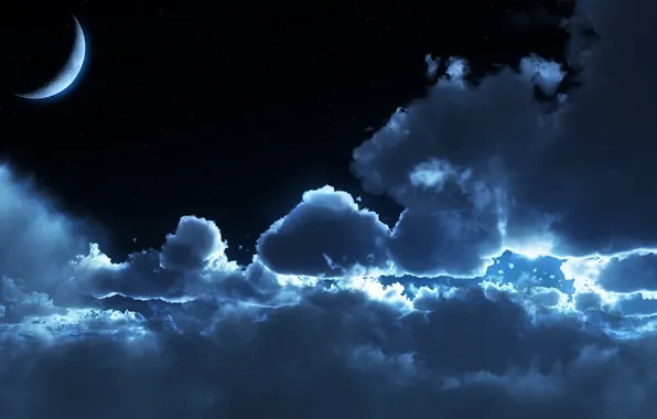 Clouds, night, moonlight, moonrise