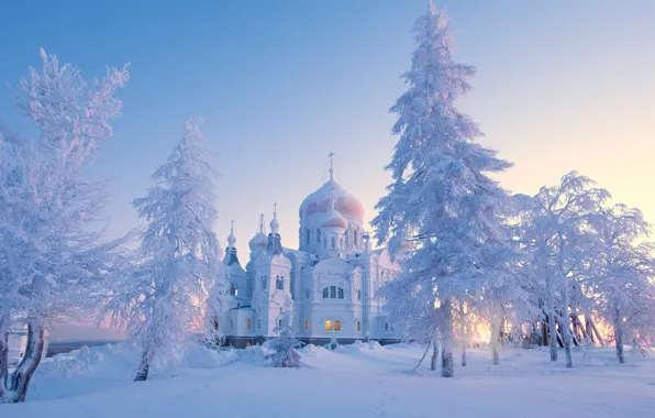 Picture winter, snow, trees, morning, the snow, temple, Russia, Perm Krai